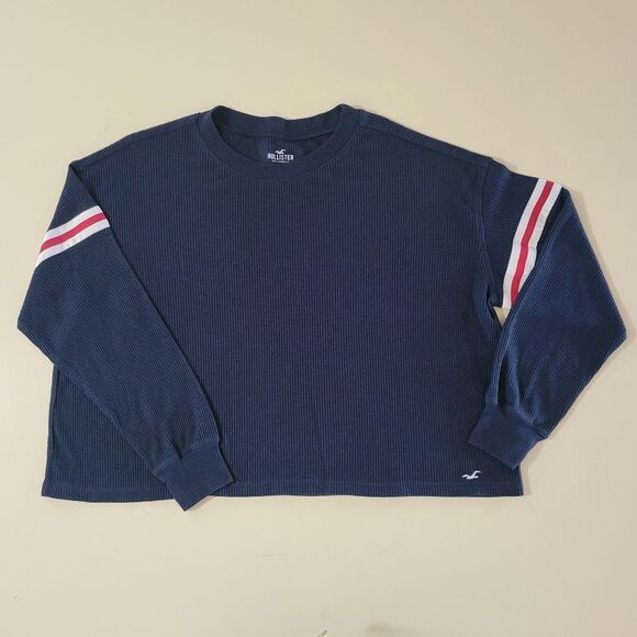 Hollister Navy Waffle-knit Long Sleeve Boyfriend Crop Crew with Varsity Stripes - Picture 4 of 16